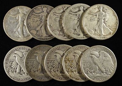 (10) 90% SILVER WALKING LIBERTY HALF DOLLARS. TOP RATED AUCTION HOUSE ESTIMATE $380 - $430.