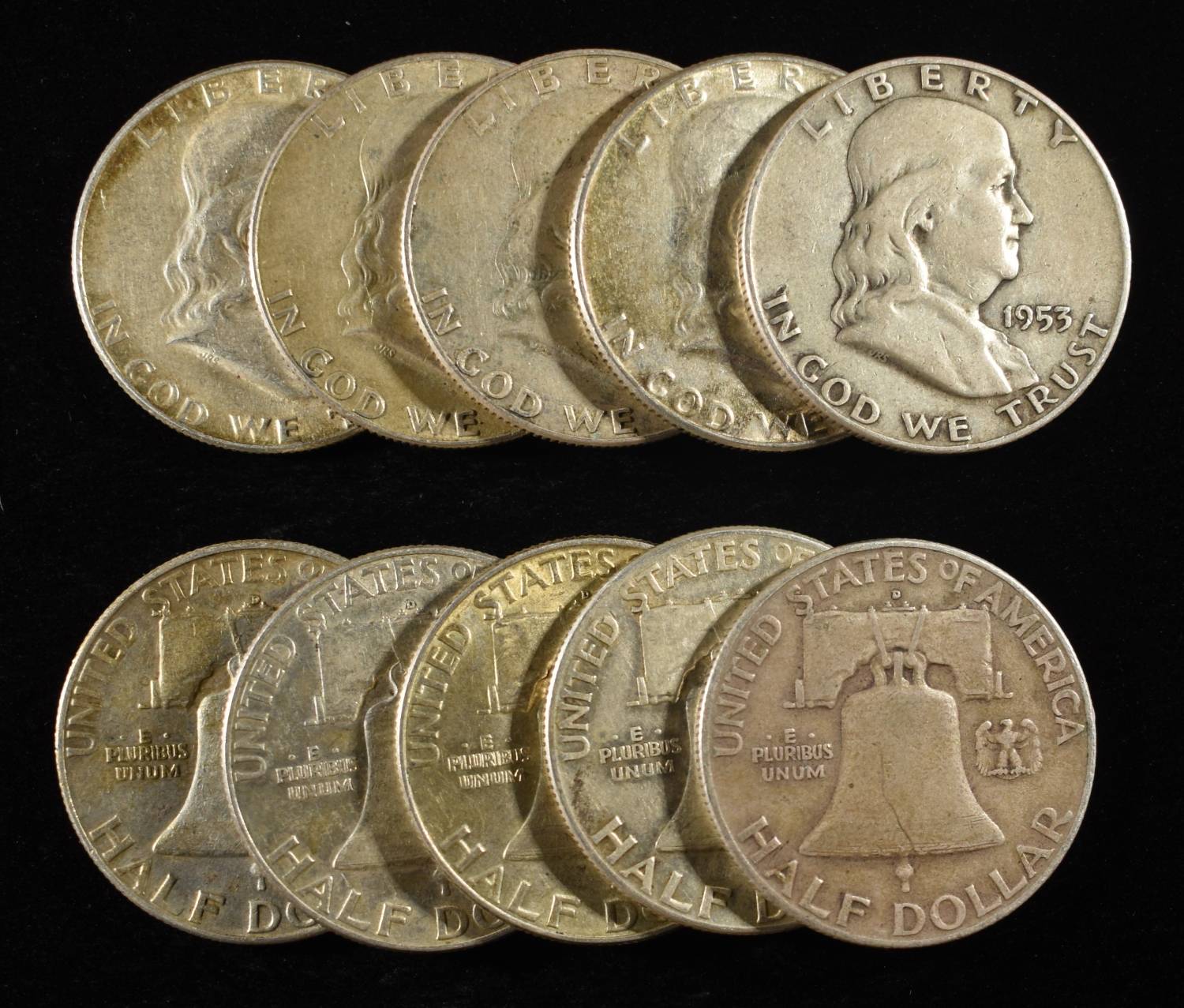 (10) 90% SILVER FRANKLIN HALF DOLLARS