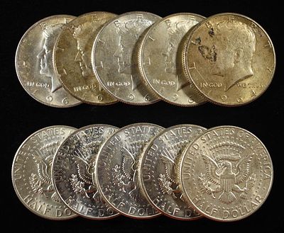 (10) 90% SILVER KENNEDY HALF DOLLARS. LEADERS IN ON-LINE AUCTIONS ESTIMATE $380 - $430.
