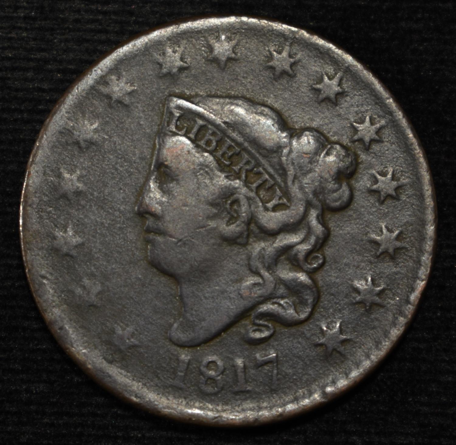 1817 CORONET HEAD LARGE CENT 15 STAR F/VF