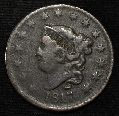 1817 CORONET HEAD LARGE CENT 15 STAR F/VF. BID WITH SILVER CITY AUCTIONS ESTIMATE $120 - $170.