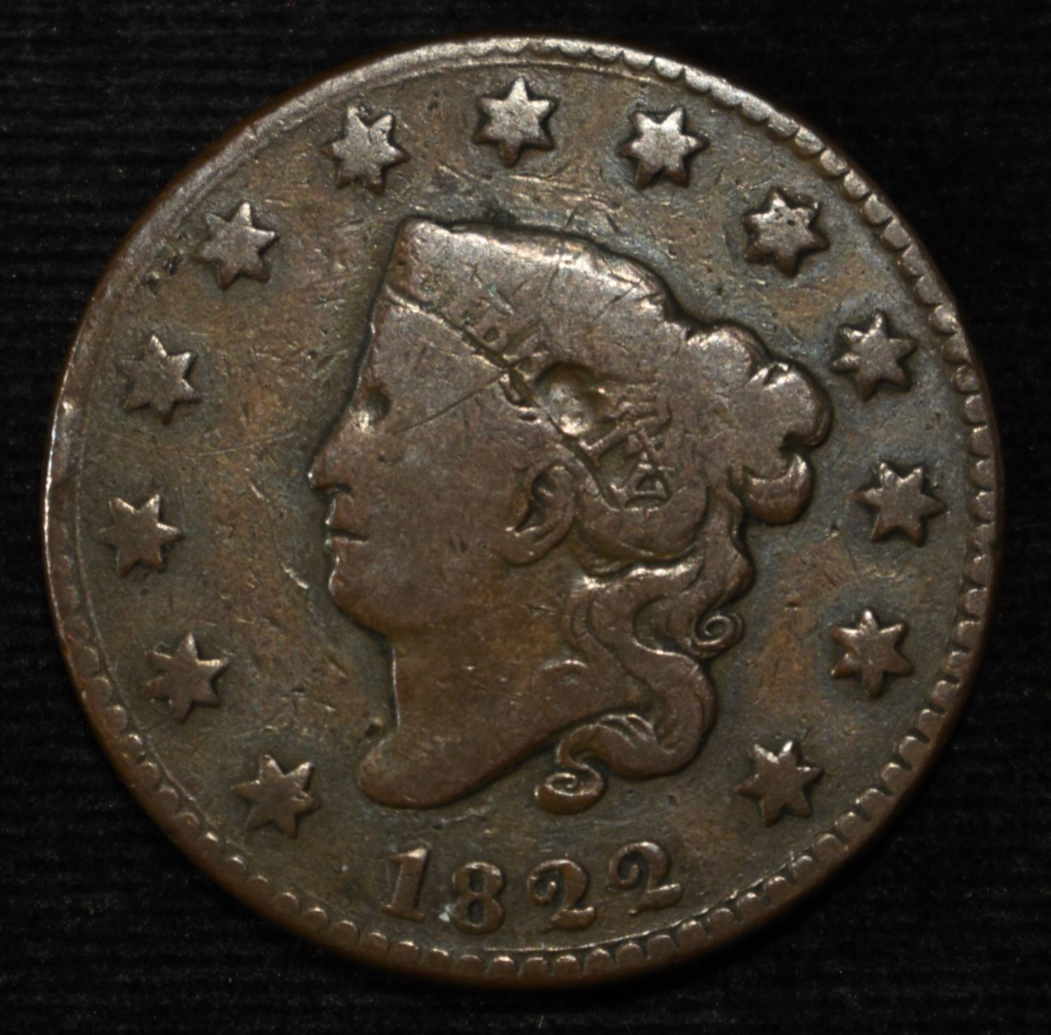 1822 CORONET HEAD LARGE CENT FINE