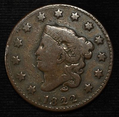 1822 CORONET HEAD LARGE CENT FINE. LEADERS IN ON-LINE AUCTIONS ESTIMATE $80 - $120.