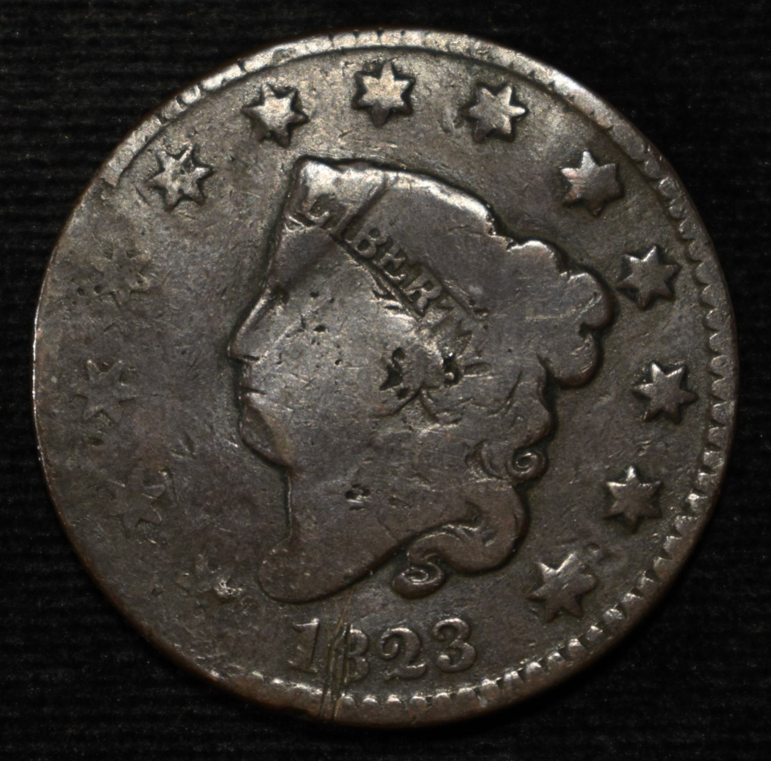 1823 CORONET HEAD LARGE CENT FINE DAMAGED