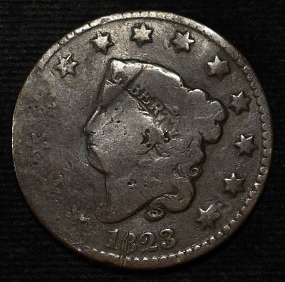 1823 CORONET HEAD LARGE CENT FINE DAMAGED. TOP RATED AUCTION HOUSE ESTIMATE $550 - $650.