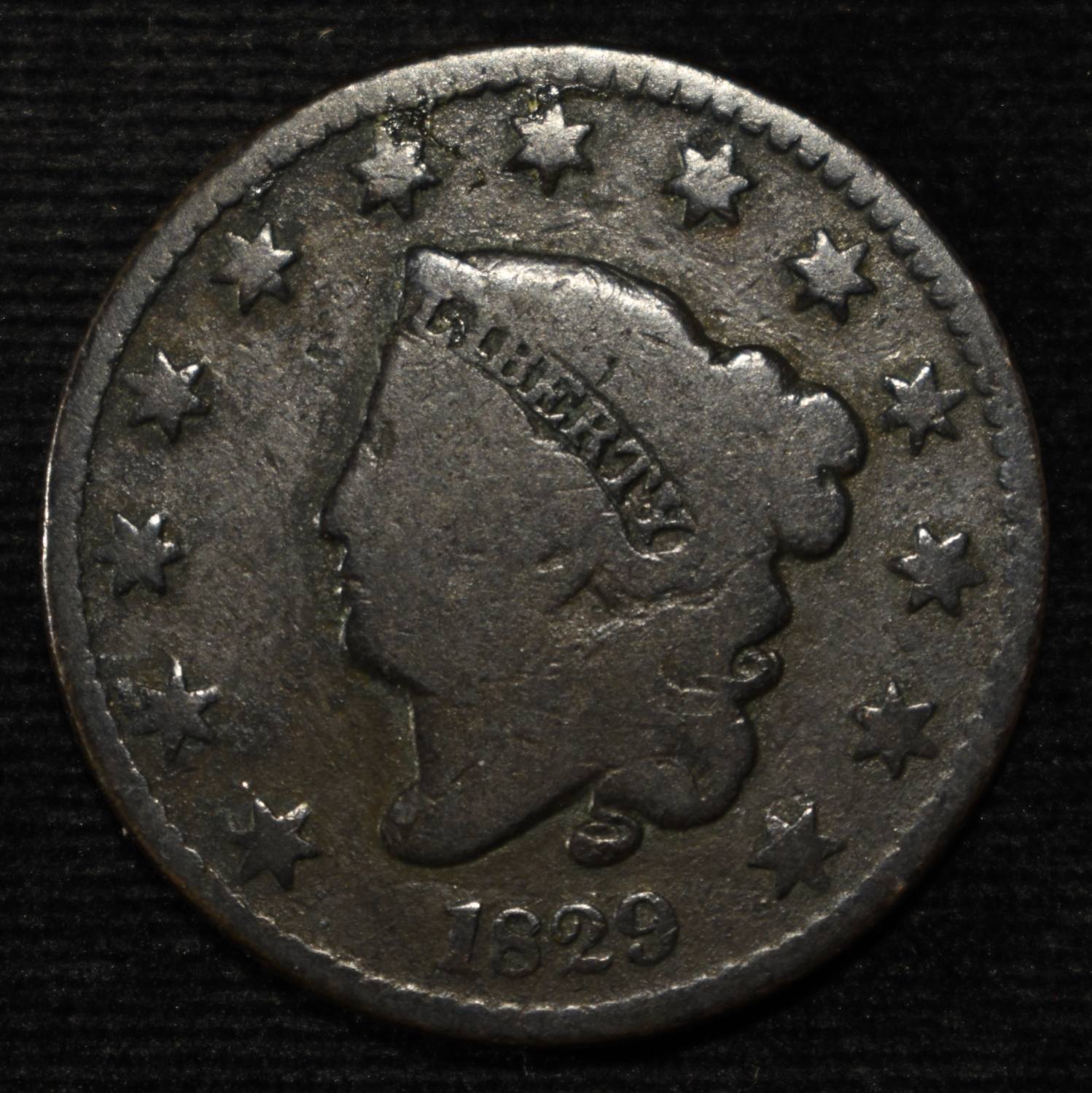1829 CORONET HEAD LARGE CENT VG