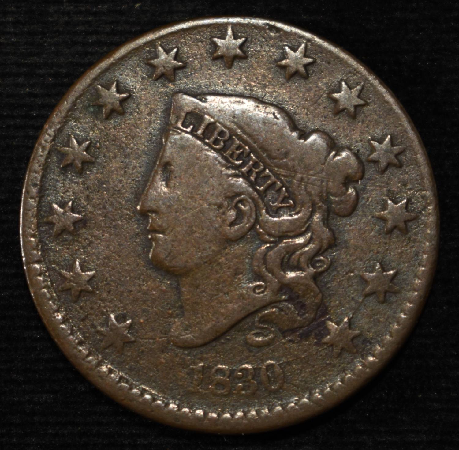 1830 CORONET HEAD LARGE CENT F/VF