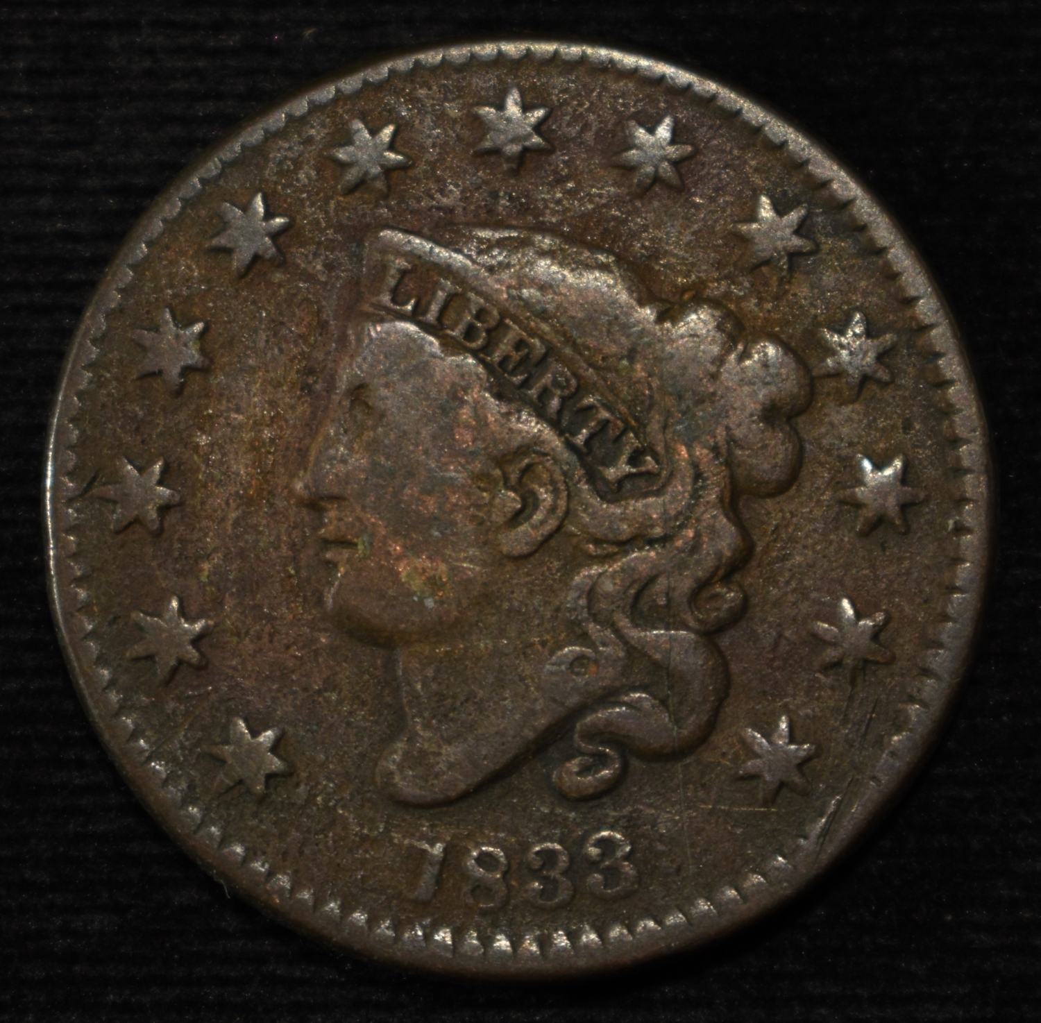 1833 CORONET HEAD LARGE CENT FINE