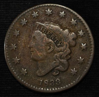 1833 CORONET HEAD LARGE CENT FINE. LEADERS IN ON-LINE AUCTIONS ESTIMATE $90 - $130.