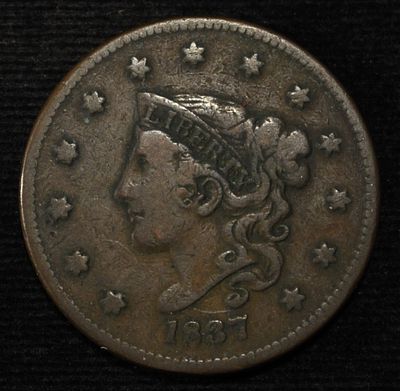 1837 CORONET HEAD LARGE CENT VF. TOP RATED AUCTION HOUSE ESTIMATE $90 - $130.