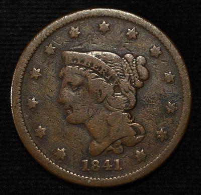1841 BRAIDED HAIR LARGE CENT FINE. WEEKLY COIN & CURRENCY AUCTIONS ESTIMATE $100 - $150.