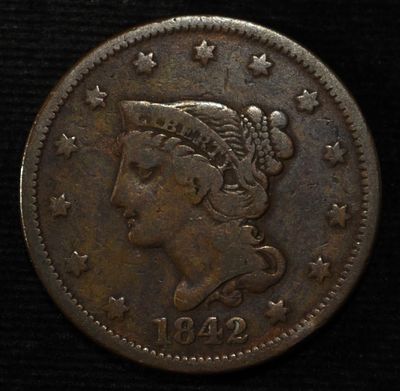 1842 BRAIDED HAIR LARGE CENT F/VF. CHECK OUT OUR UPCOMING AUCTIONS ESTIMATE $90 - $130.