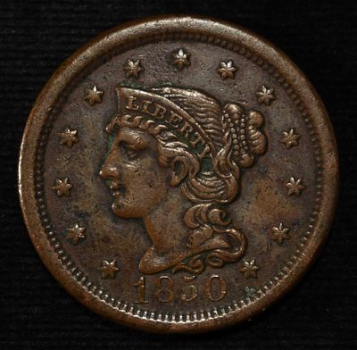 1850 BRAIDED HAIR LARGE CENT AU. BID WITH SILVER CITY AUCTIONS ESTIMATE $150 - $200.
