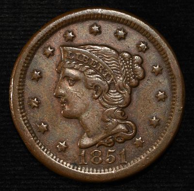 1851 BRAIDED HAIR LARGE CENT AU. LEADERS IN ON-LINE AUCTIONS ESTIMATE $150 - $200.