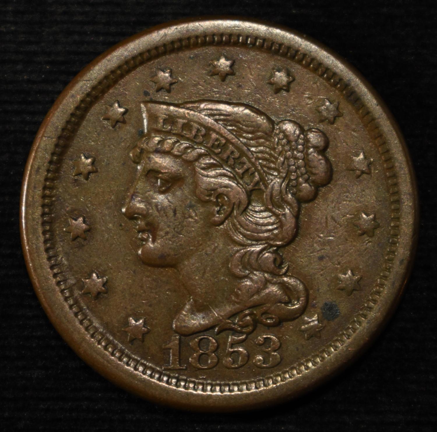 1853 BRAIDED HAIR LARGE CENT XF/AU