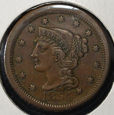 1854 BRAIDED LARGE HAIR CENT. BID WITH SILVER CITY AUCTIONS ESTIMATE $80 - $120.