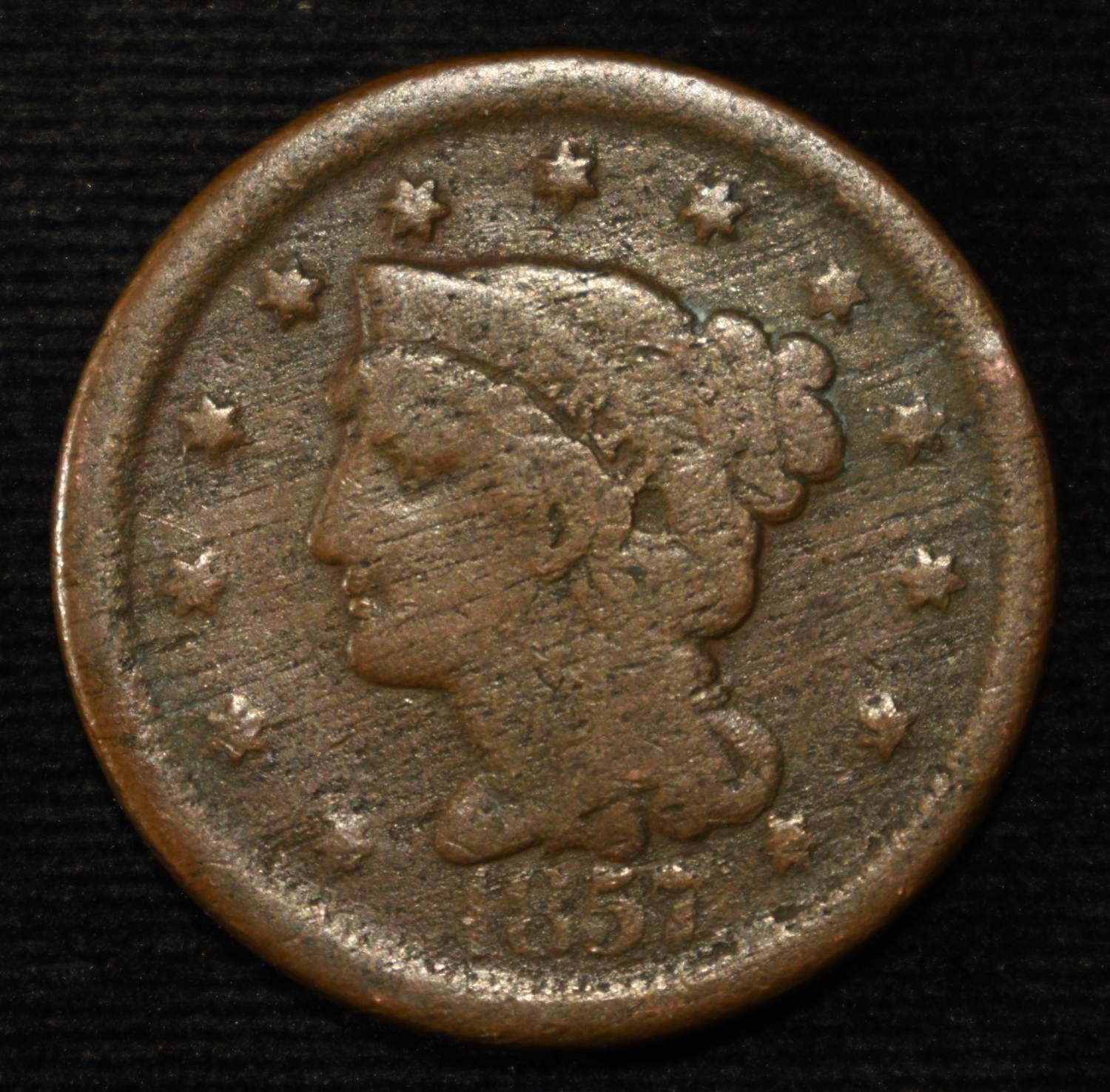1857 LD BRAIDED HAIR LARGE CENT VG