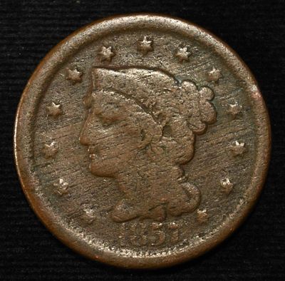 1857 LD BRAIDED HAIR LARGE CENT VG. CHECK OUT OUR UPCOMING AUCTIONS ESTIMATE $130 - $180.