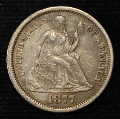 1877-CC LIBERTY SEATED DIME NICE ORIG AU. LEADERS IN ON-LINE AUCTIONS ESTIMATE $250 - $300.