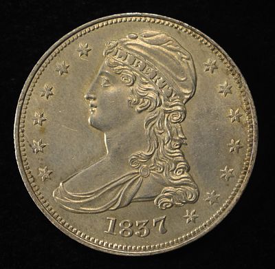 1837 REEDED EDGE BUST HALF DOLLAR BU. TOP RATED AUCTION HOUSE ESTIMATE $1400 - $1600.