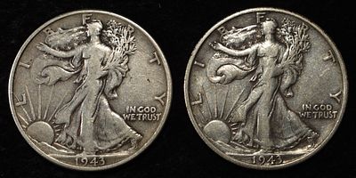 1943-P&S WALKING LIBERTY HALF DOLLARS. LEADERS IN ON-LINE AUCTIONS ESTIMATE $75 - $100.