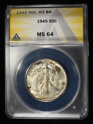 1945 WALKING LIBERTY HALF ANACS MS-64. WEEKLY COIN & CURRENCY AUCTIONS ESTIMATE $80 - $100.