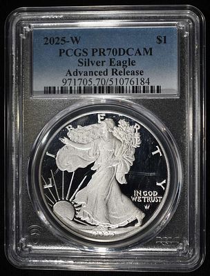2025-W AMERICAN SILVER EAGLE PCGS PR70 DCAM AR. TOP RATED AUCTION HOUSE ESTIMATE $180 - $230.