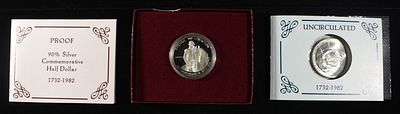 1982 PROOF & UNC 50C COMMEM. WEEKLY COIN & CURRENCY AUCTIONS ESTIMATE $75 - $100.