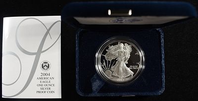 2004-W AMERICAN SILVER EAGLE PROOF. LEADERS IN ON-LINE AUCTIONS ESTIMATE $100 - $150.
