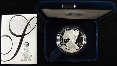 2005-W AMERICAN SILVER EAGLE PROOF. WEEKLY COIN & CURRENCY AUCTIONS ESTIMATE $100 - $150.
