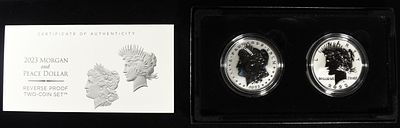2023-S MORGAN AND PEACE DOLLARS RP TWO-COIN SET. BID WITH SILVER CITY AUCTIONS ESTIMATE $250 - $300.