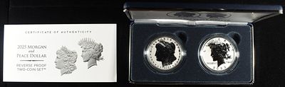 2025-S MORGAN AND PEACE DOLLARS RP TWO-COIN SET. TOP RATED AUCTION HOUSE ESTIMATE $300 - $350.