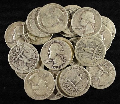 (20) 90% SILVER WASHINGTON QUARTERS. CHECK OUT OUR UPCOMING AUCTIONS ESTIMATE $310 - $360.