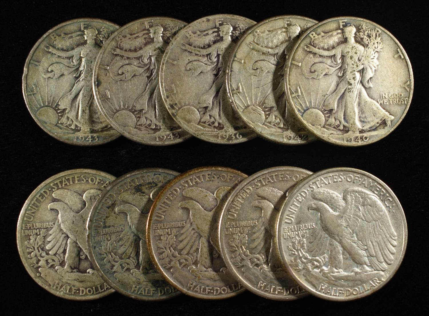 (10) WALKING LIBERTY HALF DOLLARS 90% SILVER