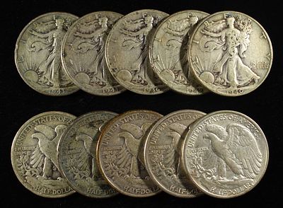 (10) WALKING LIBERTY HALF DOLLARS 90% SILVER. LEADERS IN ON-LINE AUCTIONS ESTIMATE $350 - $400.