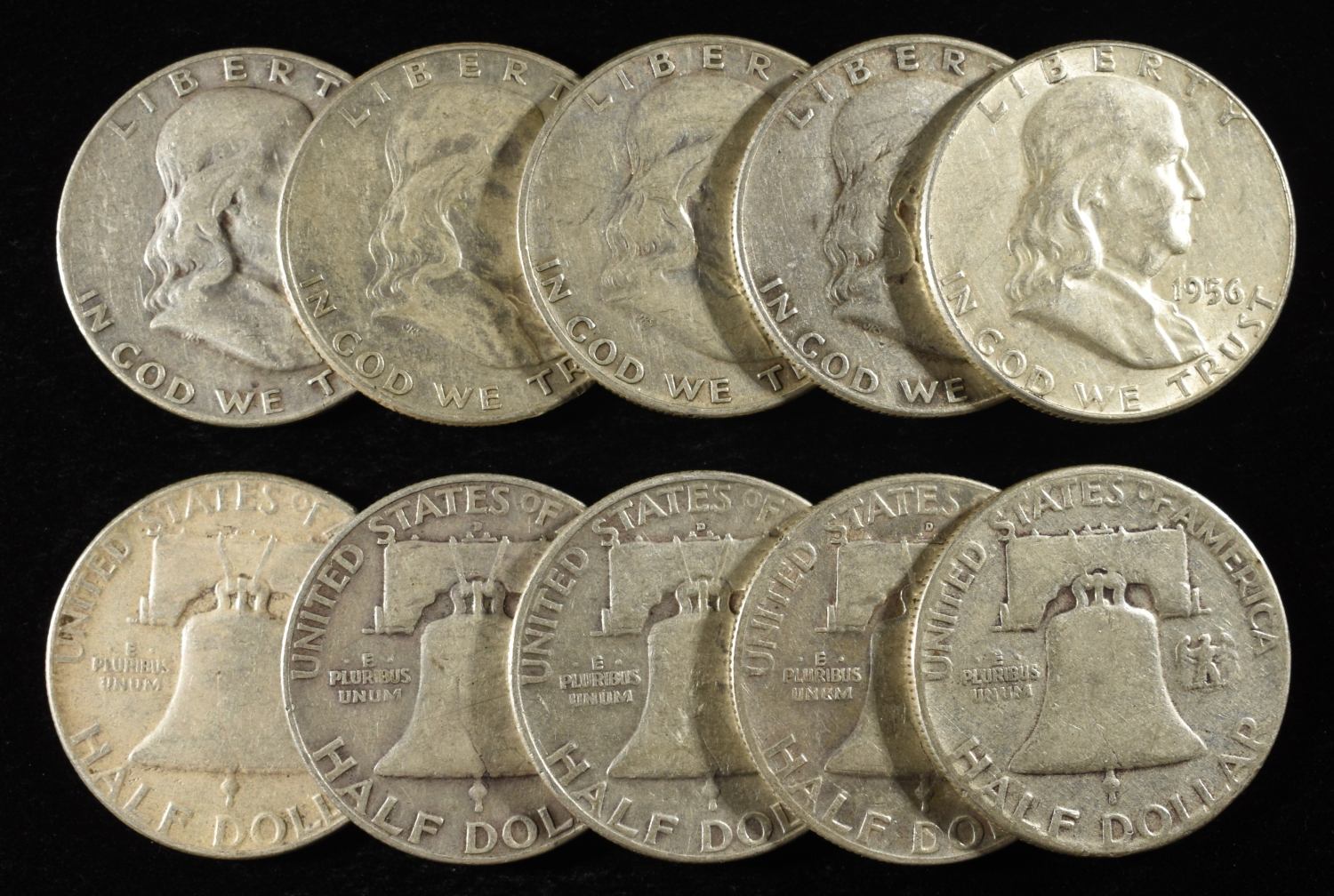 (10) 90% SILVER FRANKLIN HALF DOLLARS