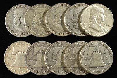 (10) 90% SILVER FRANKLIN HALF DOLLARS. TOP RATED AUCTION HOUSE ESTIMATE $400 - $450.