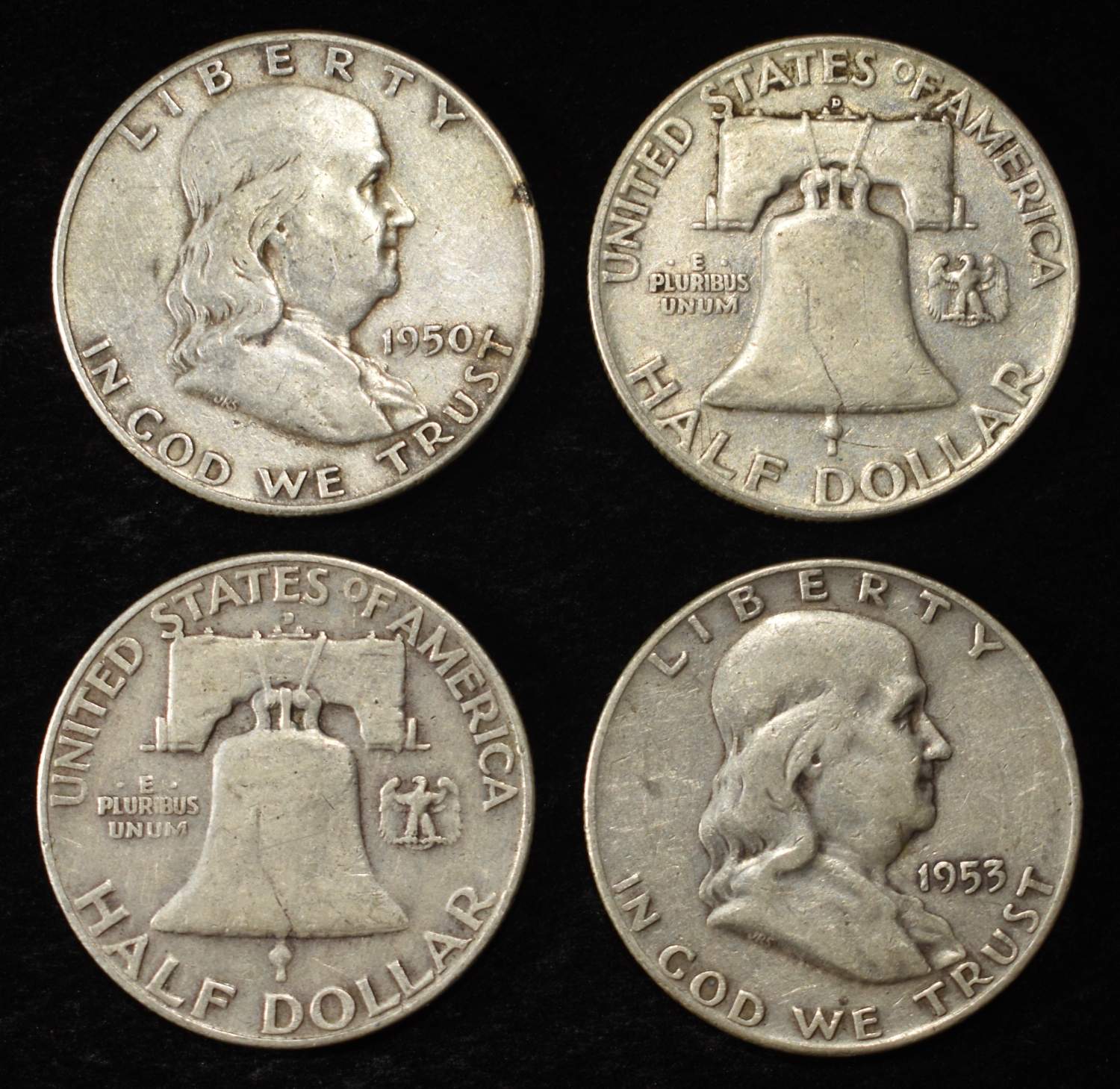 (10) 90% SILVER FRANKLIN HALF DOLLARS