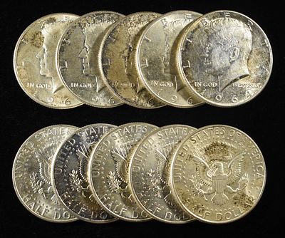 (10) 90% SILVER KENNEDY HALF DOLLARS. CHECK OUT OUR UPCOMING AUCTIONS ESTIMATE $380 - $430.