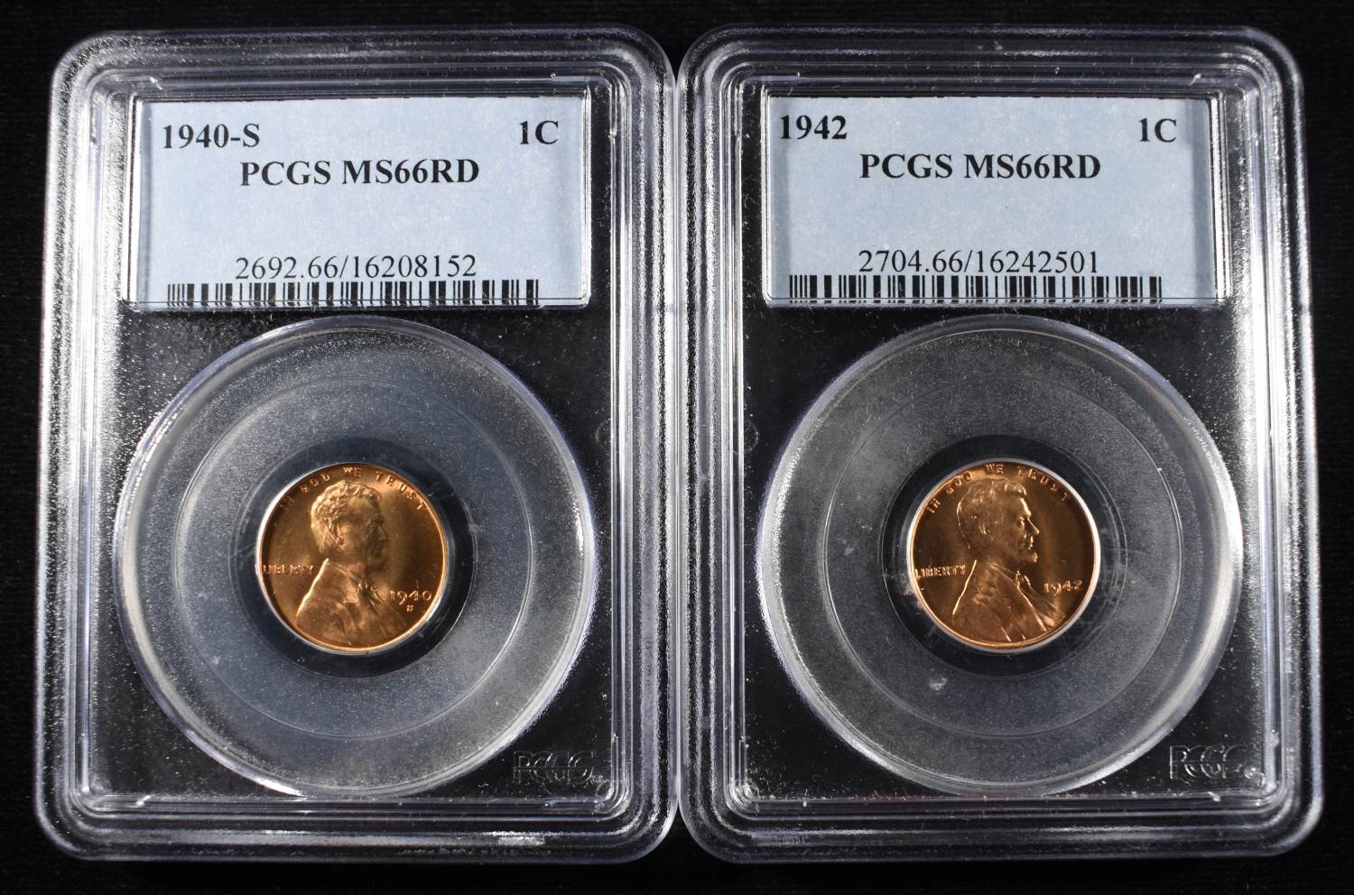 1940-S & 1942 LINCOLN CENTS PCGS MS-66 RD