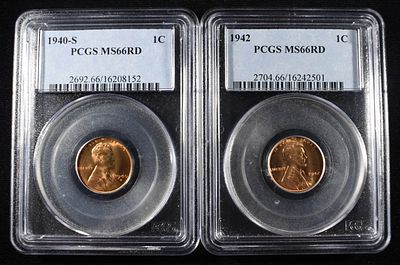 1940-S & 1942 LINCOLN CENTS PCGS MS-66 RD. WEEKLY COIN & CURRENCY AUCTIONS ESTIMATE $80 - $100.