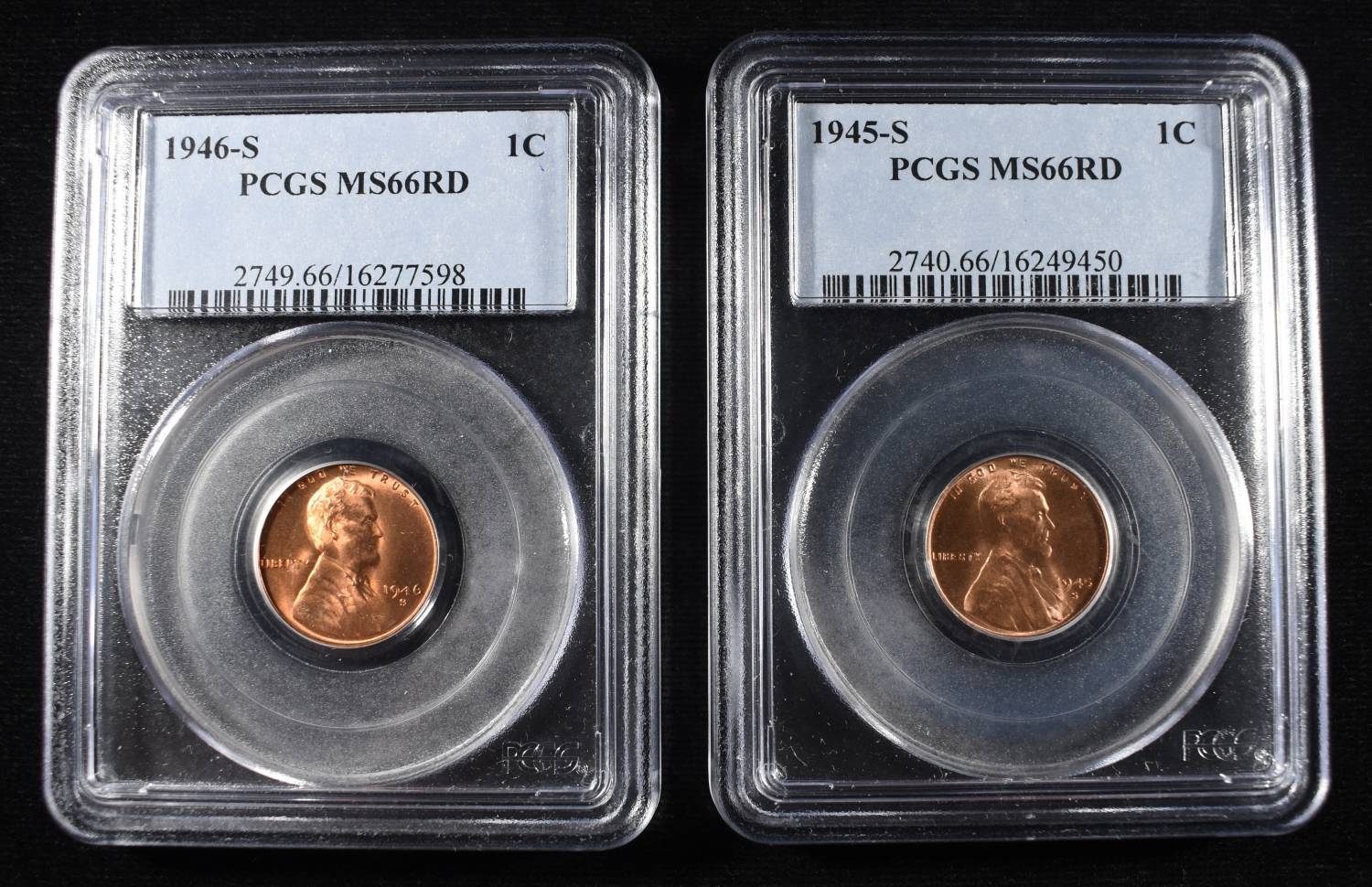 1945-S, 46-S LINCOLN CENTS PCGS MS-66 RD