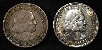 1892, 1893 COLUMBIAN COMMEM HALVES. LEADERS IN ON-LINE AUCTIONS ESTIMATE $60 - $80.