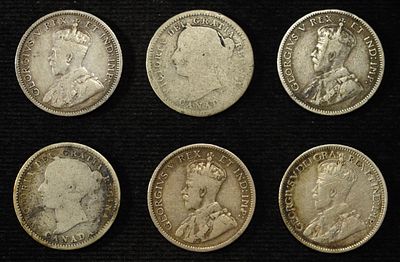 (6) 92.5% SILVER CANADIAN 10 CENTS. BID WITH SILVER CITY AUCTIONS ESTIMATE $100 - $150.