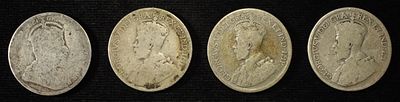 (4) 92.5% SILVER CANADIAN 25 CENTS. TOP RATED AUCTION HOUSE ESTIMATE $100 - $150.