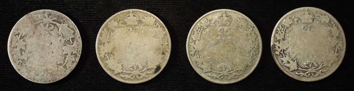 (4) 92.5% SILVER CANADIAN 25 CENTS