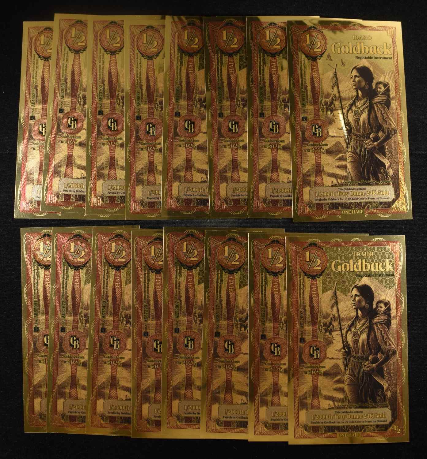 (16) $1/2 GOLDBACKS 1/2000TH TROY OZ 24K GOLD