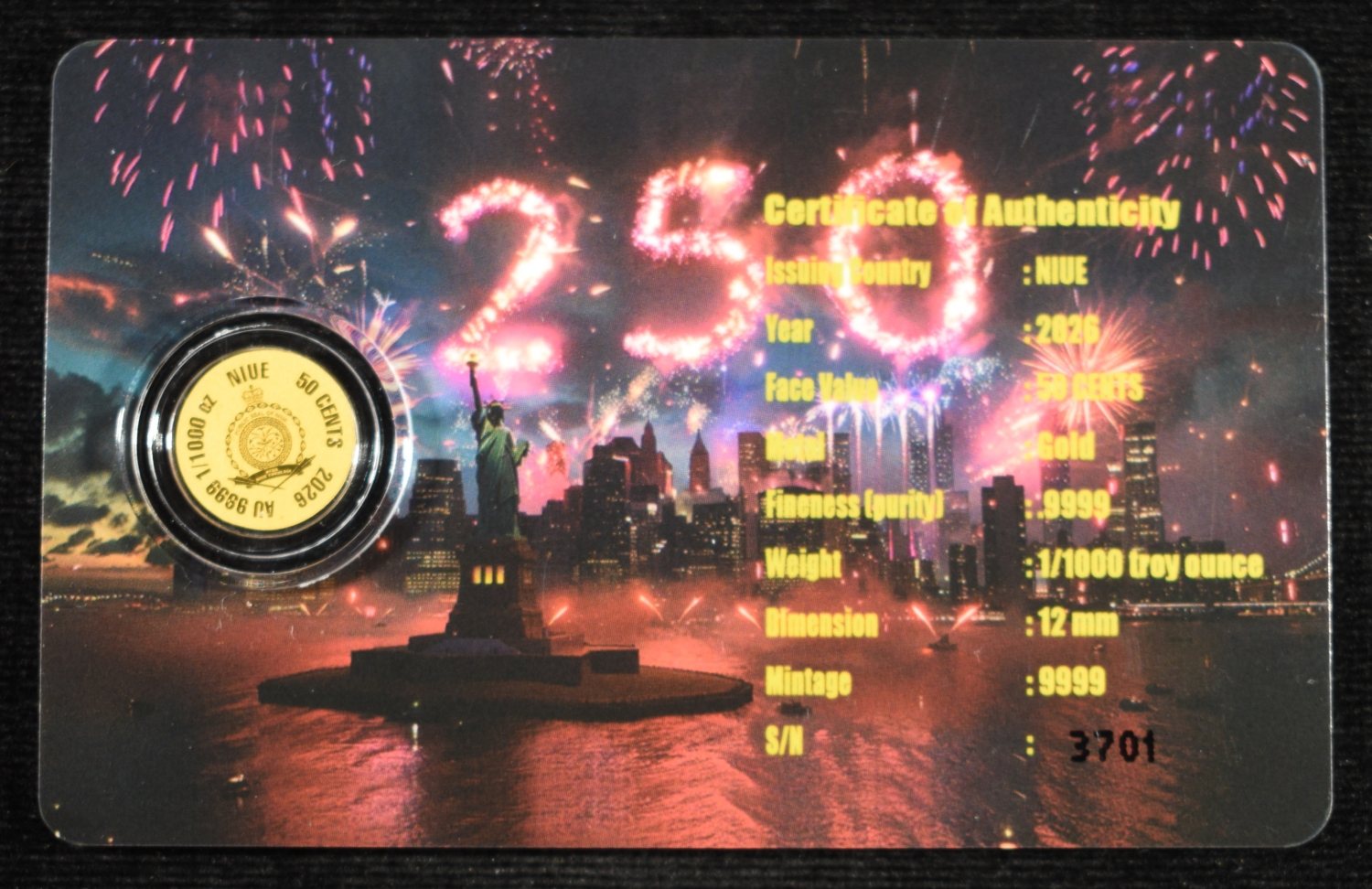 (5) 2026 NIUE 50C 1/1000TH .9999 GOLD