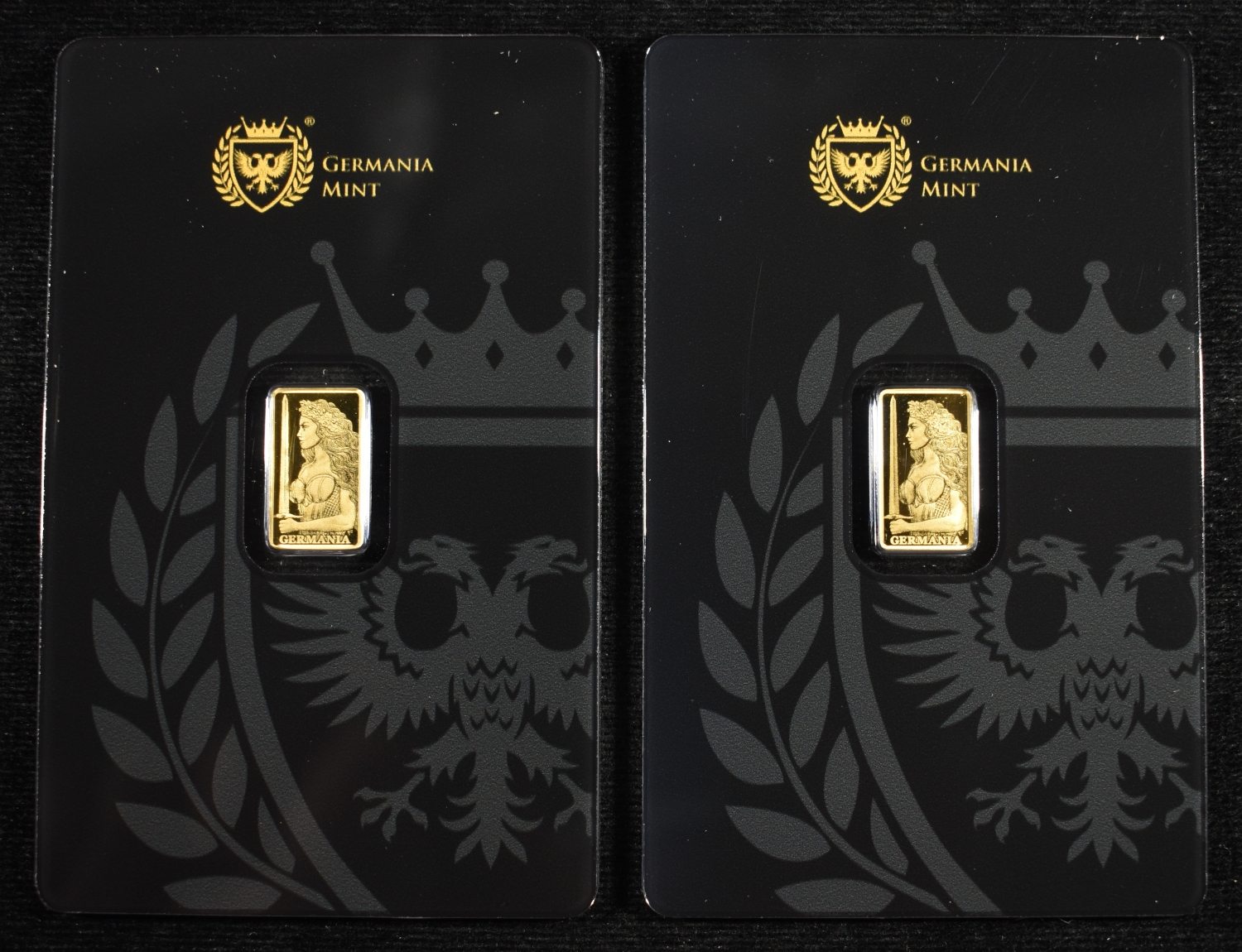 (2) GERMANIA MINT 1/200TH .9999 GOLD BARS PROOF