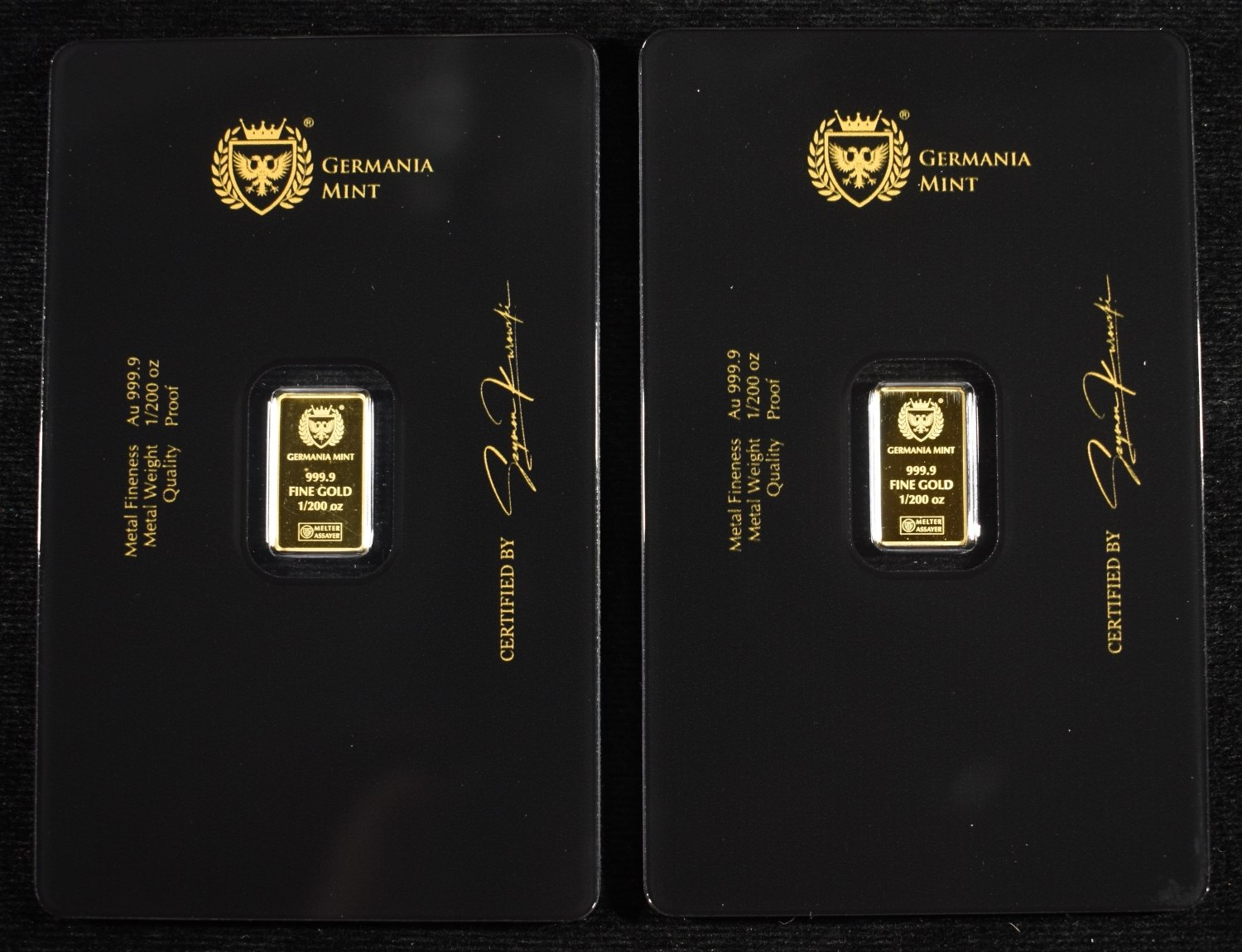 (2) GERMANIA MINT 1/200TH .9999 GOLD BARS PROOF